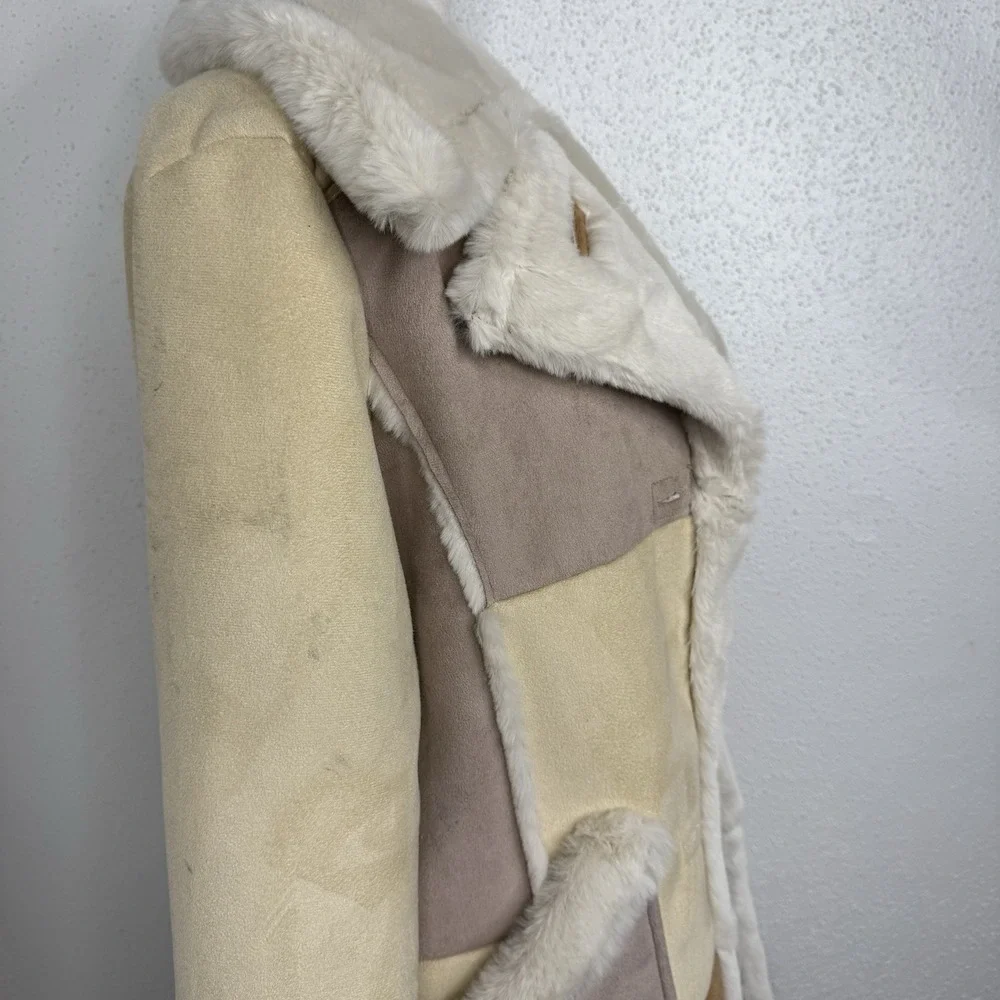 Hollister Faux Shearling Coat Patchwork Tan/ Cream Panels Size XS Women's